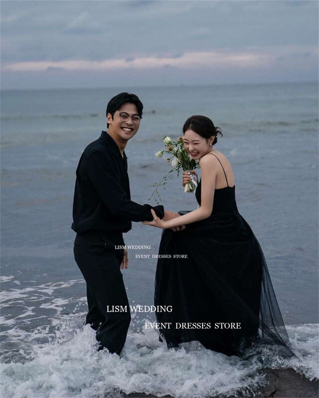 LISM unikalne czarne suknie ślubne Spaghetti pasek kochanie A-line suknie ślubne dla koreańskich kobiet formalna sukienka 2023 sesji zdjęciowej