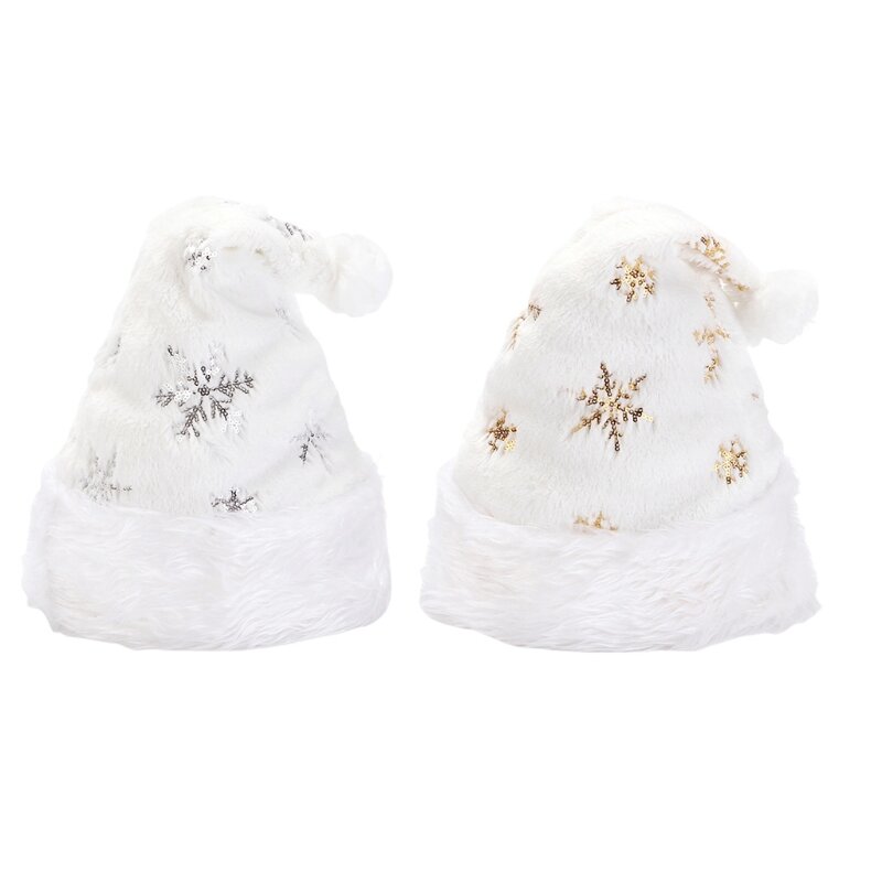 HUYU White Plush Christmas Hat Classic Xmas Costume for Adults Men Women with Gold/Silver Snowflake Soft Holiday Decor Supply
