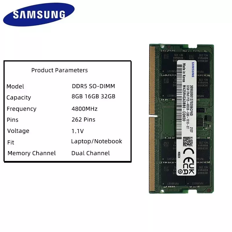 삼성 노트북 메모리 DDR5 32GB 16GB 8GB 램, 4800MHz PC5-34800 1.1V 262 핀, 노트북 컴퓨터 램, 2 개, 1 개