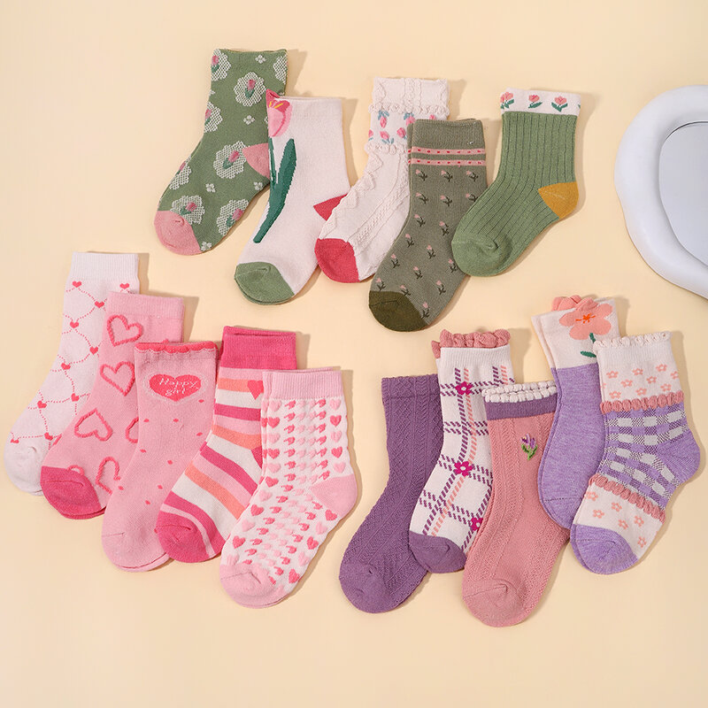 Calcetines de algodón con dibujos animados para niños y niñas, medias elásticas informales de tubo medio, color rosa, conejo encantador, 3 a 5 años, 5 pares por juego