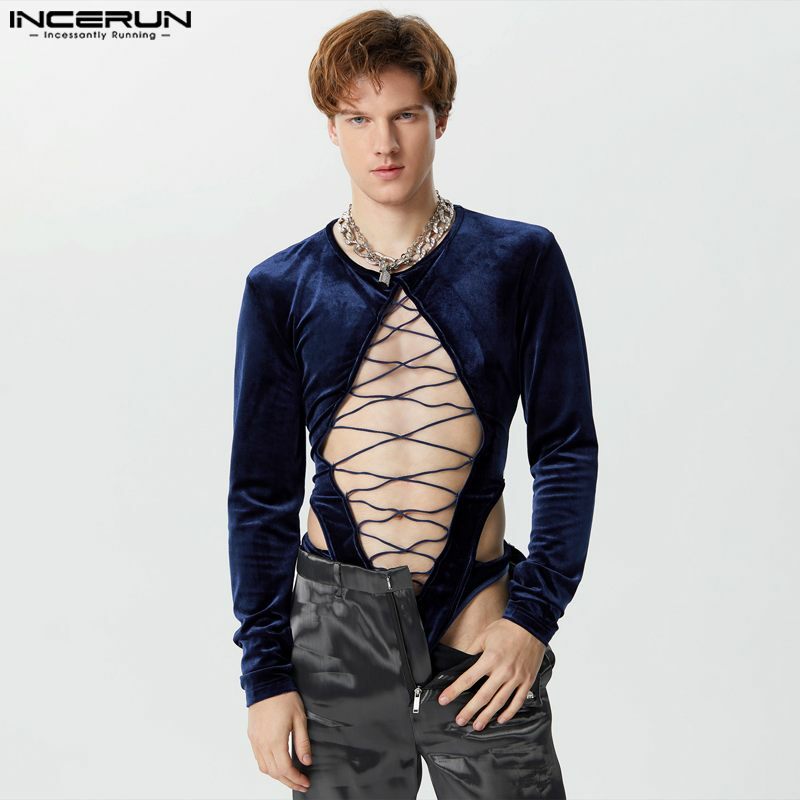Incerun-Suede Cross Hollow bodysuits masculinos, macacões de manga comprida, macacão de lazer, estilo sexy, Homewear, moda, S-3XL, 2022
