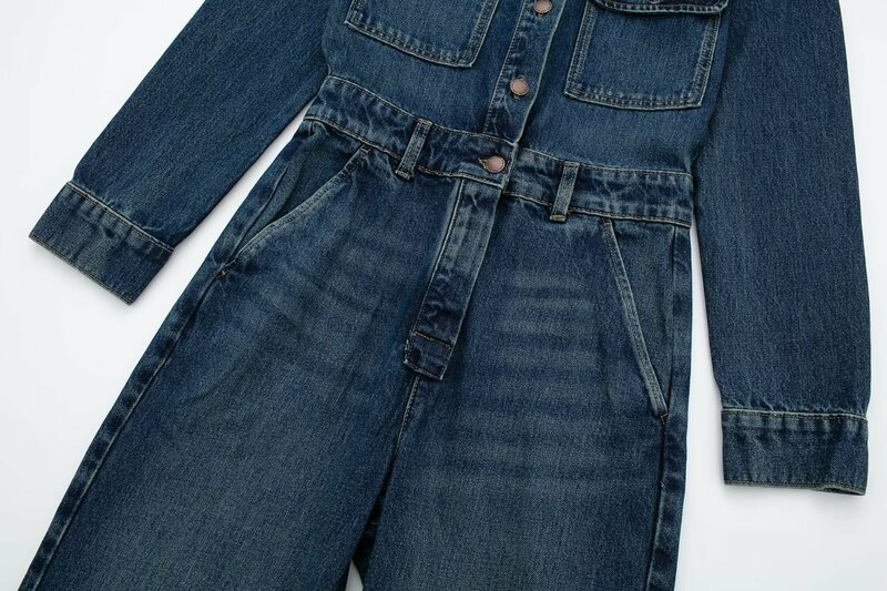 Decoração feminina de bolso frontal macacão jeans, nova moda, 0108235 405, outono, 2024