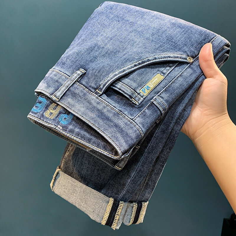 Jeans slim fit bordada masculina, calça jeans, algodão lavado, tubo reto, leve, luxo, moda high-end, nova moda, lazer, 2024