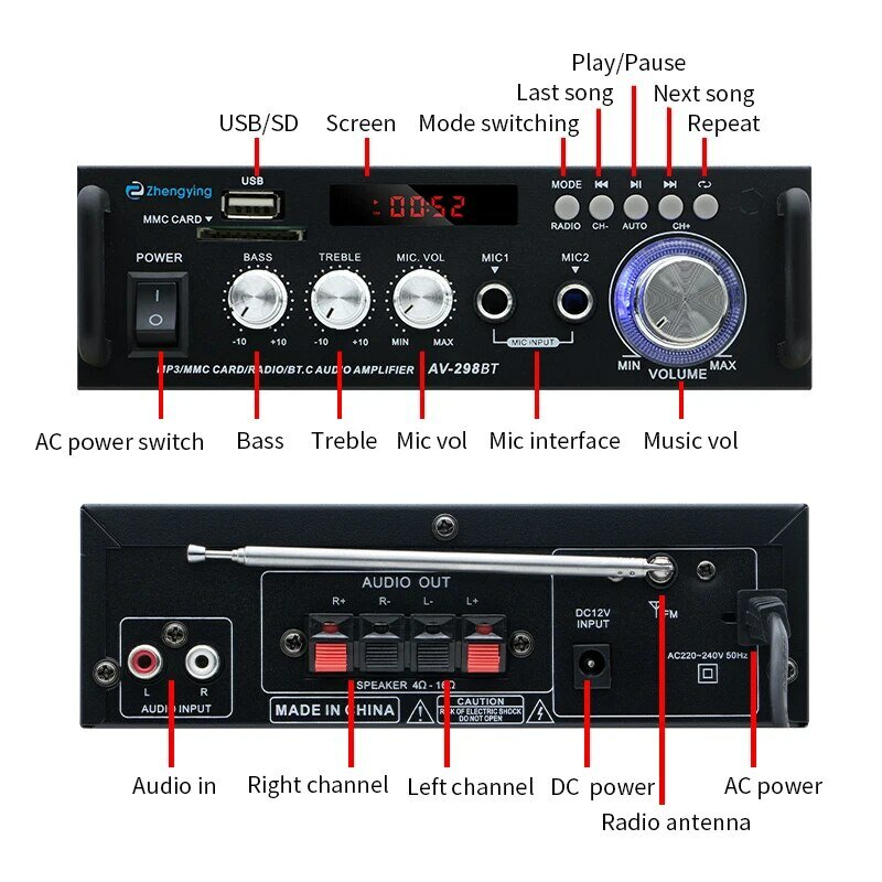 AV-298BT Amplificador De Potência Digital, HiFi Bluetooth Amplificador De Áudio, Máximo 300W x2 Estéreo Sem Fio, Bluetooth 5.0