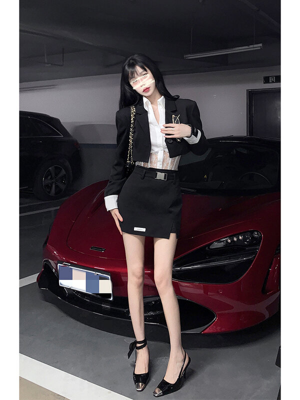 Осенний черный комплект из двух предметов с юбкой, женский модный винтажный костюм-блейзер в Корейском стиле, Женский Повседневный сексуальный шикарный комплект с мини-юбкой, новинка 2022