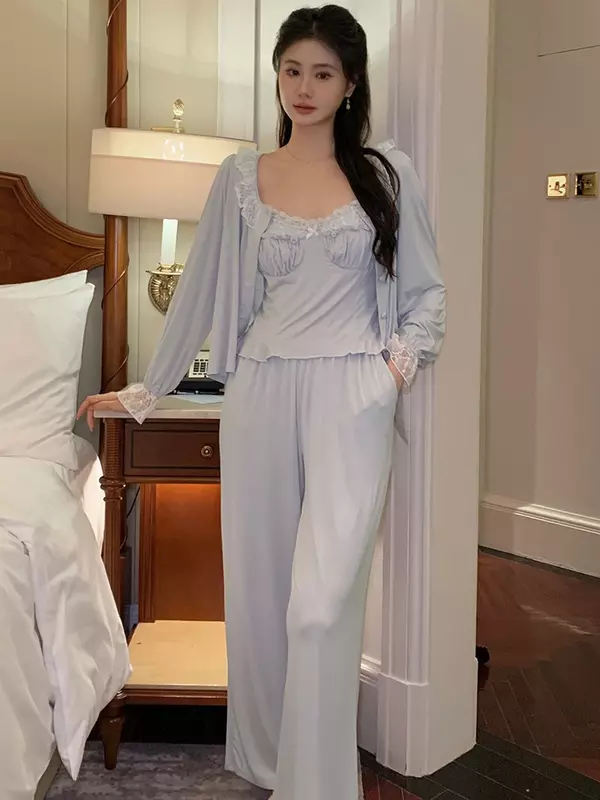 Women French New Camisole Pajama Spring Summer Three Piece Set Sweet Girls Long Sleeve Pants Ruffles Nightwear Sleepwear