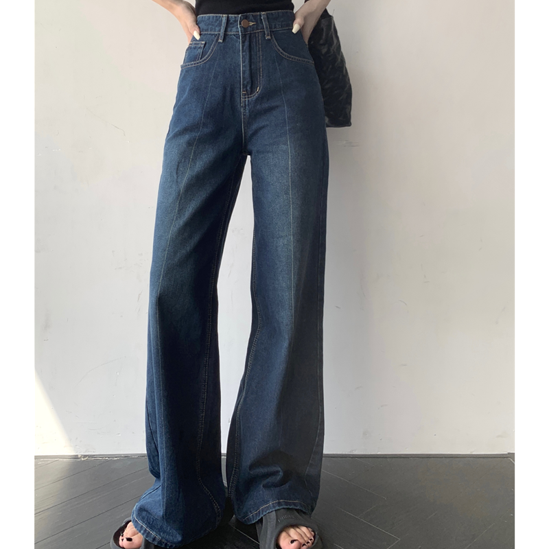 Roupas femininas Jeans Primavera Verão 2023 Retro Azul Elegante Casual Calças de Perna Larga Cintura Alta Baggy Fitting Emagrecimento Mop Jean