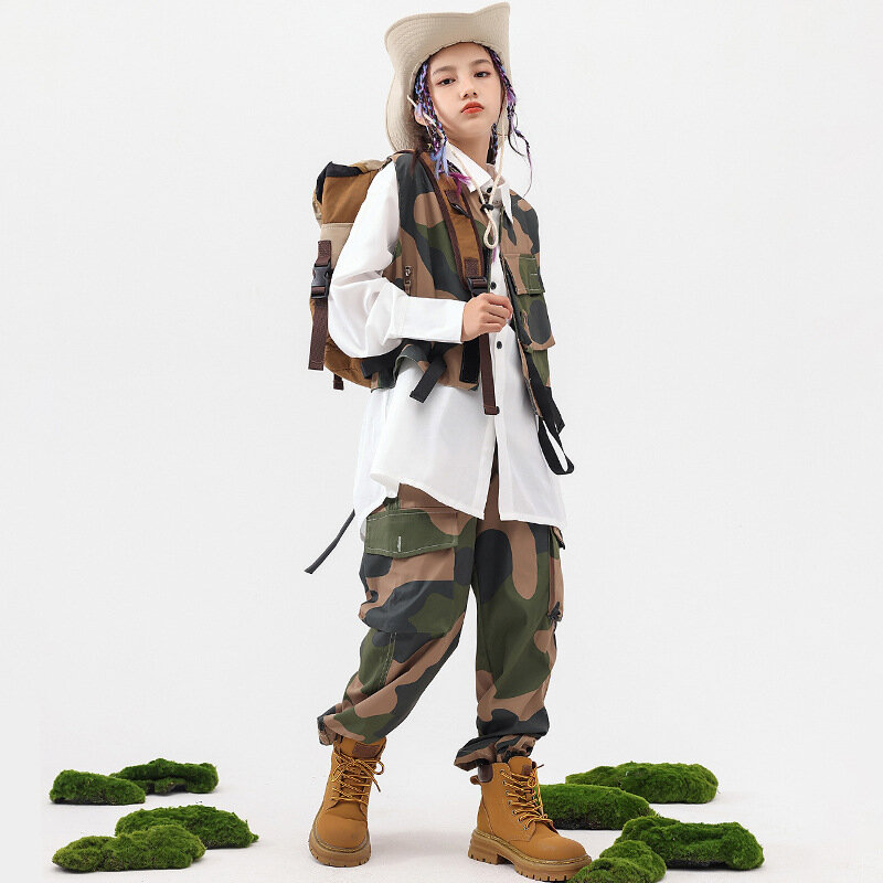 Kid Hip Hop Clothing Camo Tactical Sleeveless Jacket Vest White Shirt Casual Street Cargo Pants for Girl Boy Jazz Dance Costume