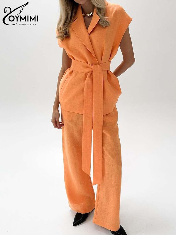 Oymimi Fashion Orange Cotton Two Piece Sets For Women Elegant Sleeveless Lace-Up Shirts And Simple High Waist Straight Pants Set