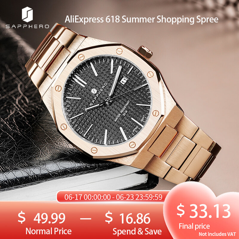 SAPPHERO różowe złoto dla mężczyzn ośmiokątny stylowy zegarek 30M wodoodporny luksusowy zegarek kwarcowy męski zegarek moda biznesowa