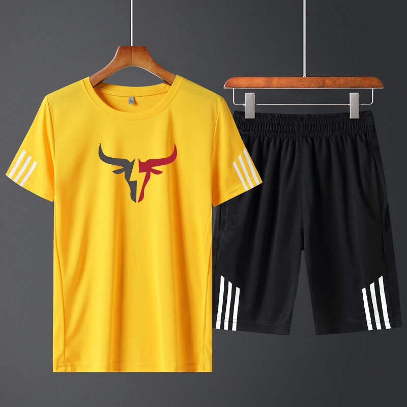 NASA GISS musim panas pola kepala banteng Set Olahraga kaus pria cepat kering jaring ukuran besar atasan dan celana kasual pria set dua potong
