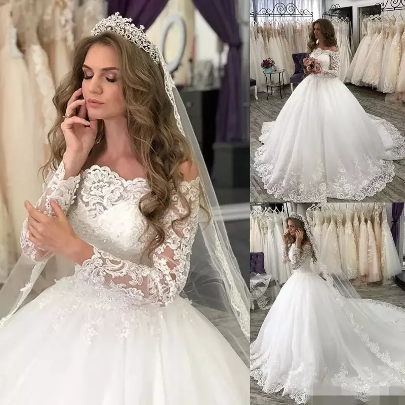 Suknia balowa ślubna z elegancka, długa rękawem naklejka w kształcie wachlarza seksowna z odkrytymi ramionami kościelna sukienka ślubna nowa 2024
