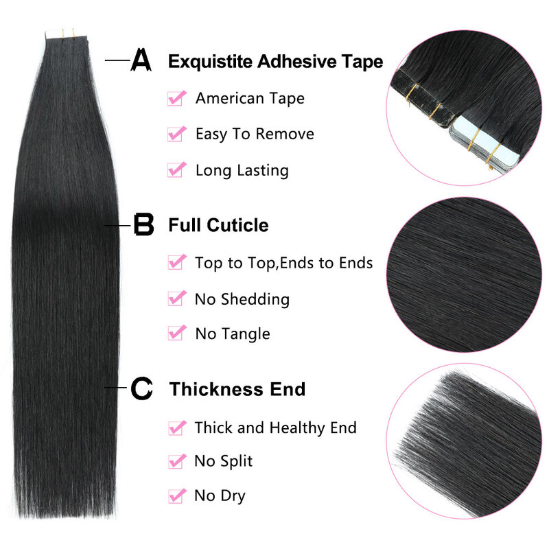 Tape in Hair Extensions Human Hair Jet Black #1 Seamless Tape in Hair Extensions Invisible Hair Extensions for Women 50g/pack