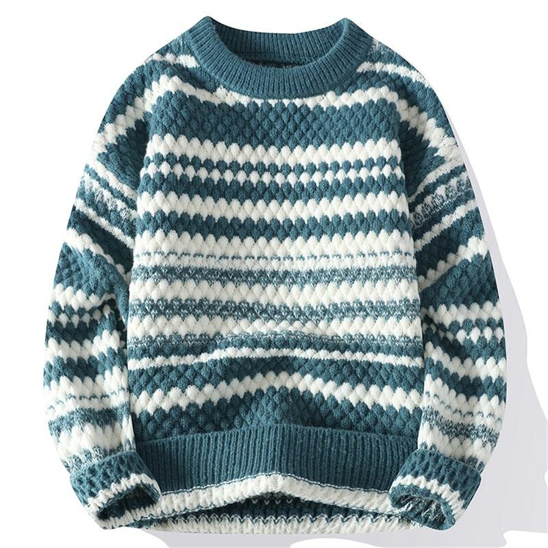 Sweater rajut pria wanita, baju hangat rajut kasual bergaris leher bulat gaya Retro baru Musim Semi dan Gugur