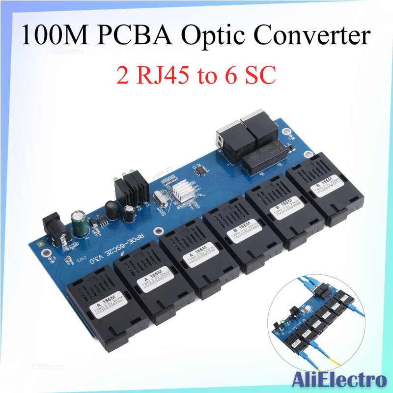 Glasvezel Media Converter 2 Rj45 Tot 6 Sc 10M/100M Pcba Board Optische Connector 1310nm/1550nm 3a + 3b Poorten 20Km Ethernetschakelaar