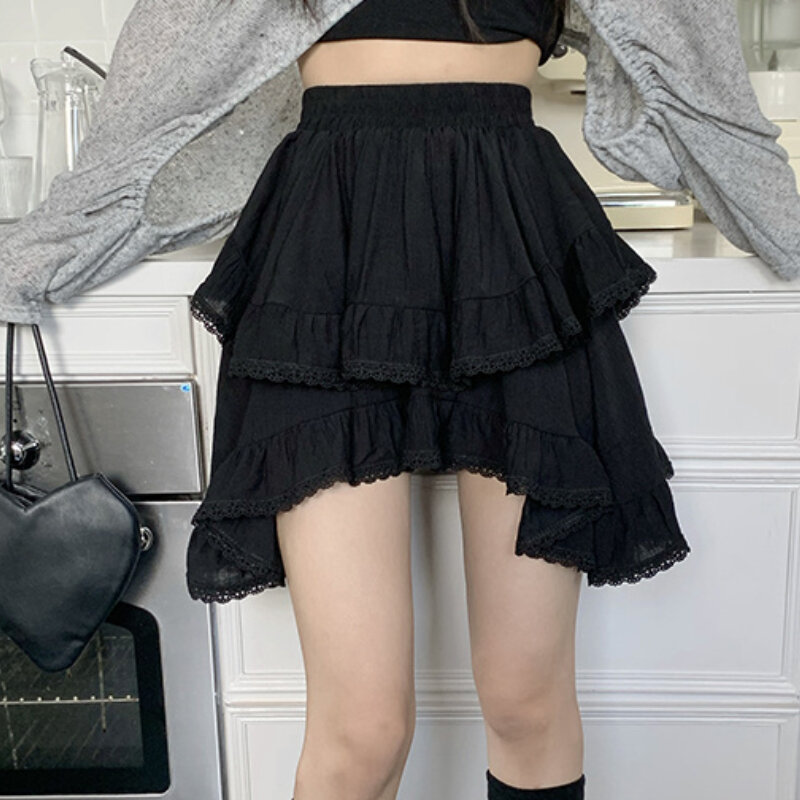 Minifaldas con volantes para mujer, diseño liso, dulce, a la moda, cintura alta, estilo coreano encantador, combina con todo, nuevo y sencillo