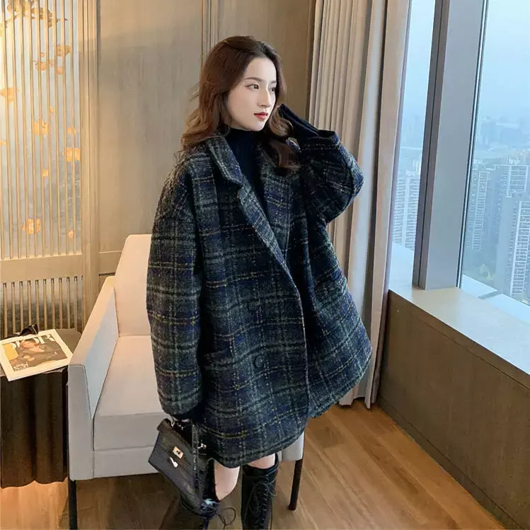 Jesienno-zimowa kaszmirowa kurtka w kratę damska 2022 koreańska luźna dwurzędowa krótka bawełniana kurtka klasyczny vintage brązowy żakiet