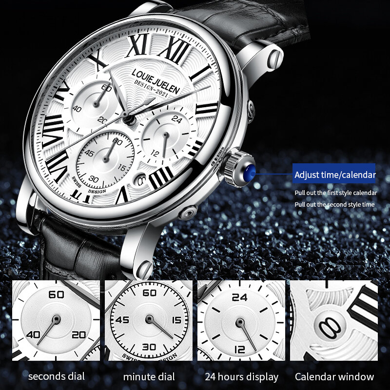 Homens pulseira de couro genuíno relógio, marca grande, quartzo premium, famosos, impermeável, lazer, negócios, relógios de pulso