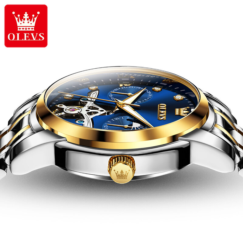 Olevs-男性用自動機械式時計,ステンレス鋼ストラップ,高級防水時計,オリジナル,中空アウト