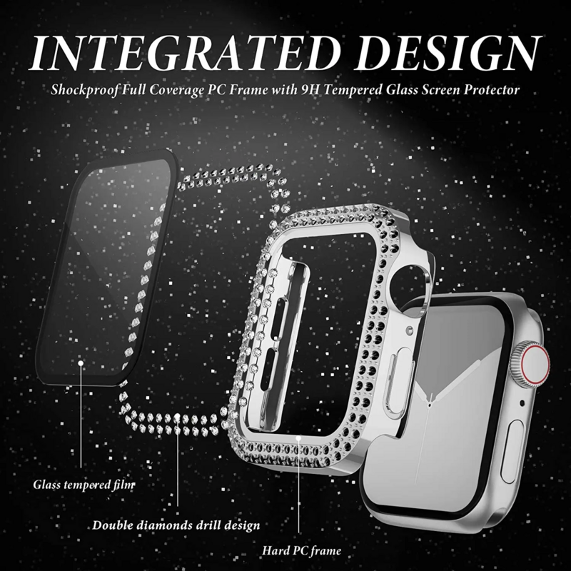 Стекло и алмазное покрытие для Apple watch, блестящая Защита бампера для iWatch series 9 3 5 6 7 8 se, Φ 40 мм 44 мм 41 мм 45 мм 38 мм 42 мм