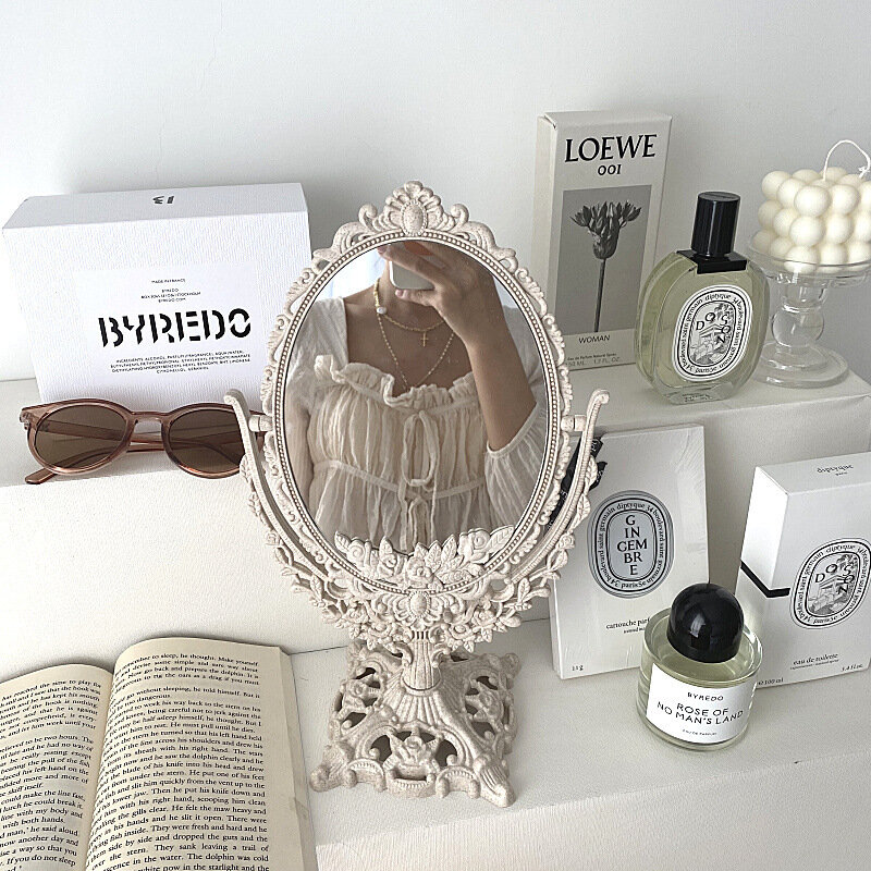 Espelho de maquiagem oval, estilo europeu vintage, giratório giratório, ferramenta desktop, decoração de casa, 360 graus