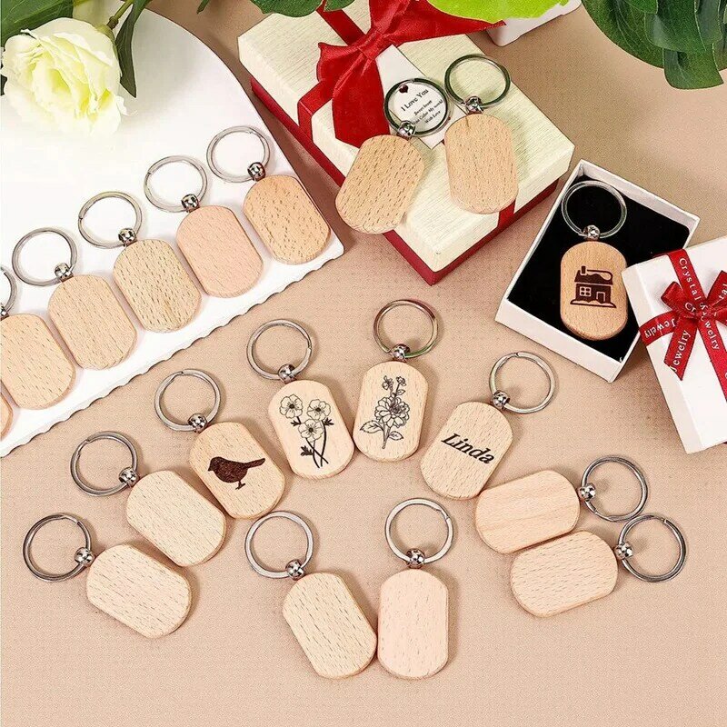 110PCS Wood Keychain Blanks, Unfinished Wood Key Tag, Wood Engraving Blanks Key Chain For DIY Crafts-Rounded Square