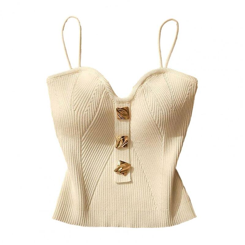 Camiseta sin mangas elástica suave para mujer, Top corto de punto elegante con decoración de botones, camisola acolchada con tirantes finos y espalda descubierta