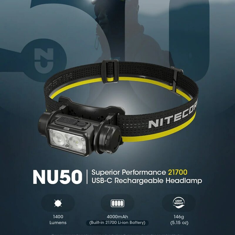 Nitecore-充電式ヘッドランプnu50,21700 USB-C,1400ルーメン,強力なライト,白色,赤