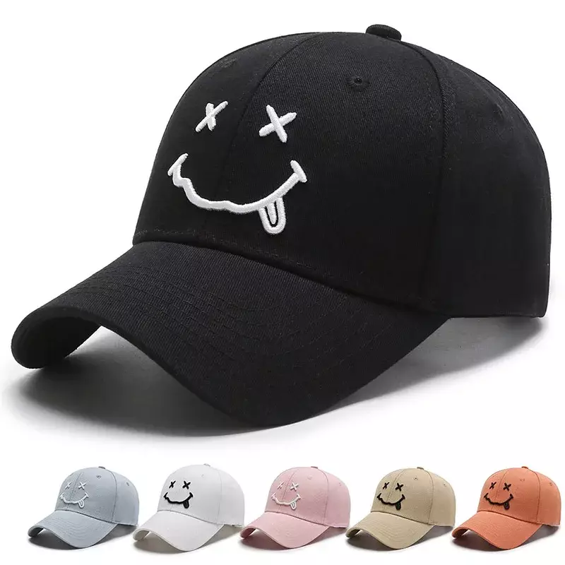 หมวกเบสบอลปักลายหน้ายิ้มของผู้หญิงหมวกสีดำผ้าฝ้าย kpop ปรับได้หมวกตลกฮิปฮอปฤดูใบไม้ร่วงหมวกพ่อดวงอาทิตย์สำหรับผู้ชาย