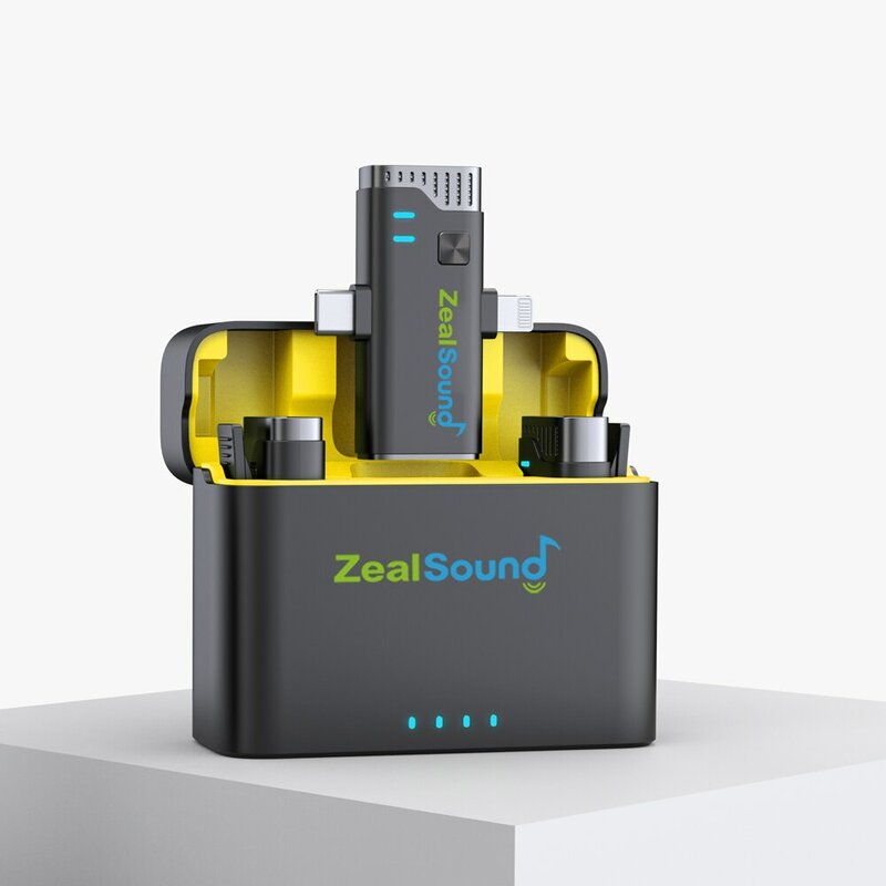 Zealsound mikrofon Lavalier nirkabel, untuk iPhone iPad Android dengan casing pengisi daya mikrofon kerah untuk wawancara Vlog Streaming langsung