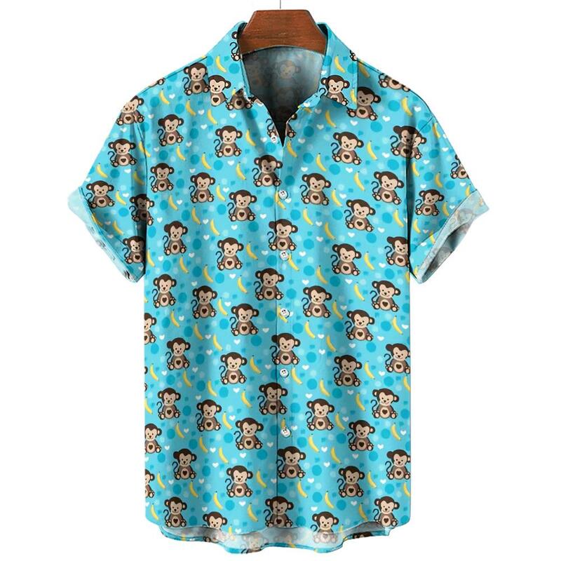 Kemeja hawaii untuk pria, 2024 kaus musim panas motif monyet 3D, kemeja lengan pendek untuk gaya hawaii, kemeja aloha uniseks modis