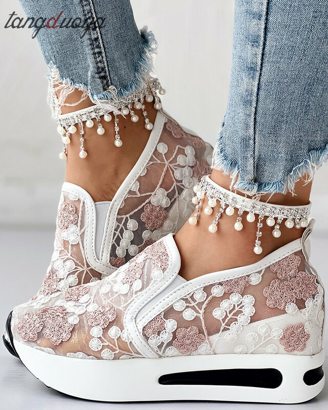 Cunhas plataforma para mulheres, bordado floral, tênis de malha, sapatos de salto confortáveis casuais, branco, tamanho 42