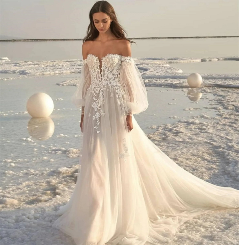 PERFECT Exquisite A-Line New Wedding Dresses V-Neck Puff Sleeve Tulle Bridal Gowns Appliques Backless Beach Vestidos De Novia
