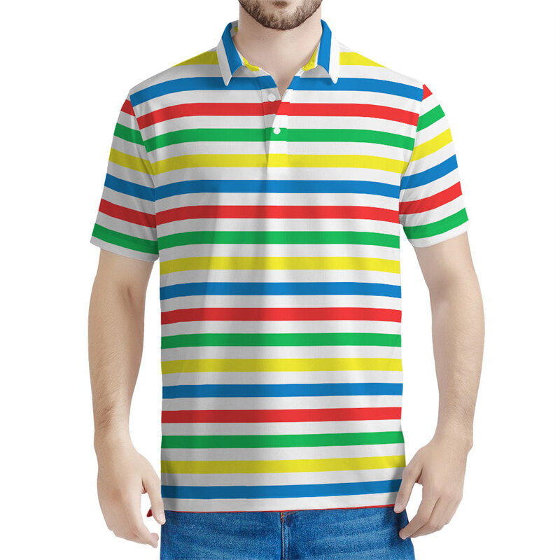 Fashion Geometric Pattern Polo Shirt Men Summer Colorful Striped 3D Printed Short Sleeves Tops Casual Lapel Tees Button T-shirt