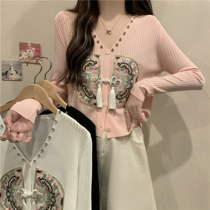 Cardigã bordado com diamante feminino, suéter de malha, roupas estilo chinês, camisa com ar condicionado, protetor solar, novo, outono, 2024