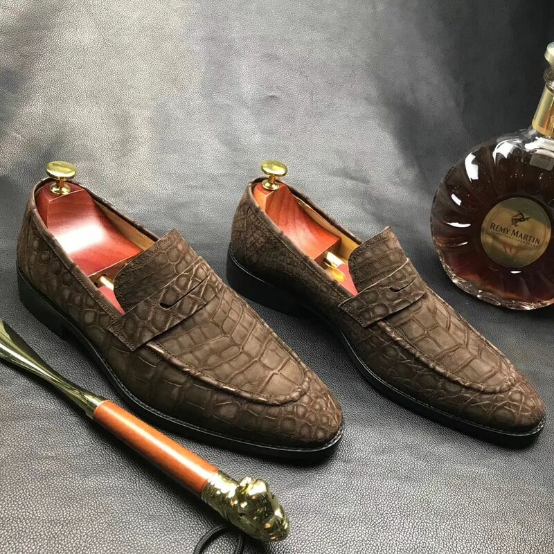 KEXIMA chue-zapatos de vestir para hombre, calzado formal de piel de cocodrilo, acabado esmerilado, color marrón, novedad