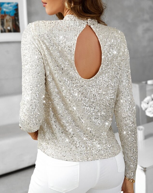 2024 Women's Slim Fit Stand Up Collar Full Sequin Backless Top