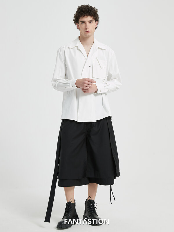 FANTASTION 남성용 캐주얼 셔츠, 더블 레이어 포켓 구조, 긴팔 셔츠, 남성 의류, 오리지널 디자인