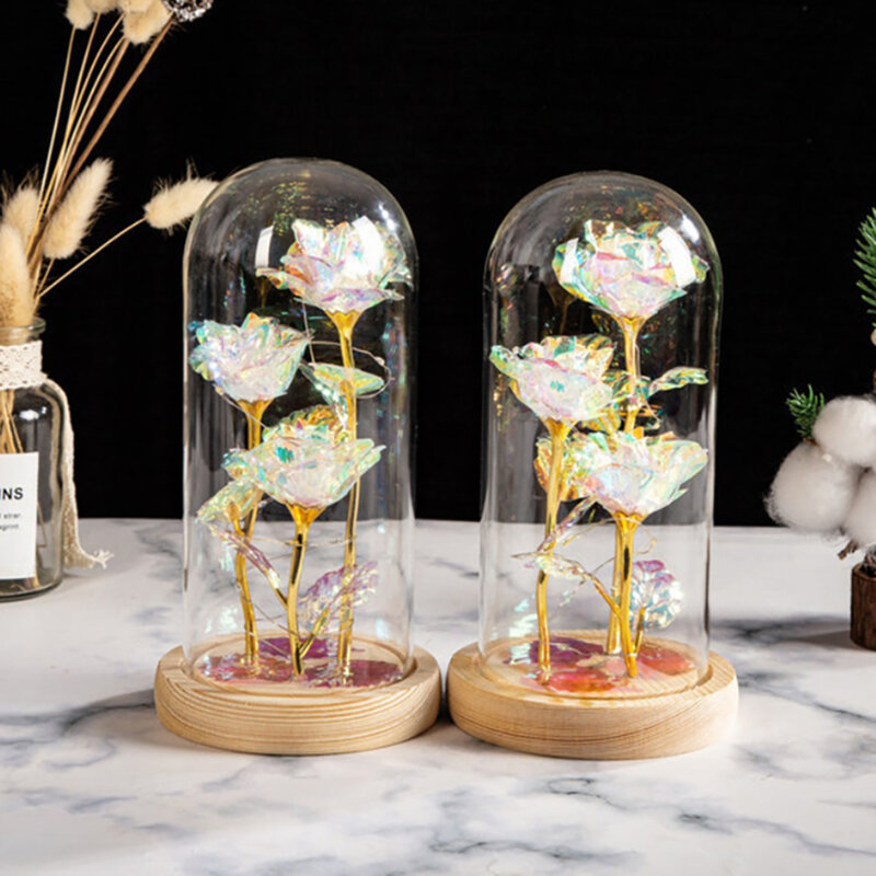 LED 조명이 달린 인공 장미 꽃, 배터리 구동, 유리 돔에 장미, 생일 선물, 21cm