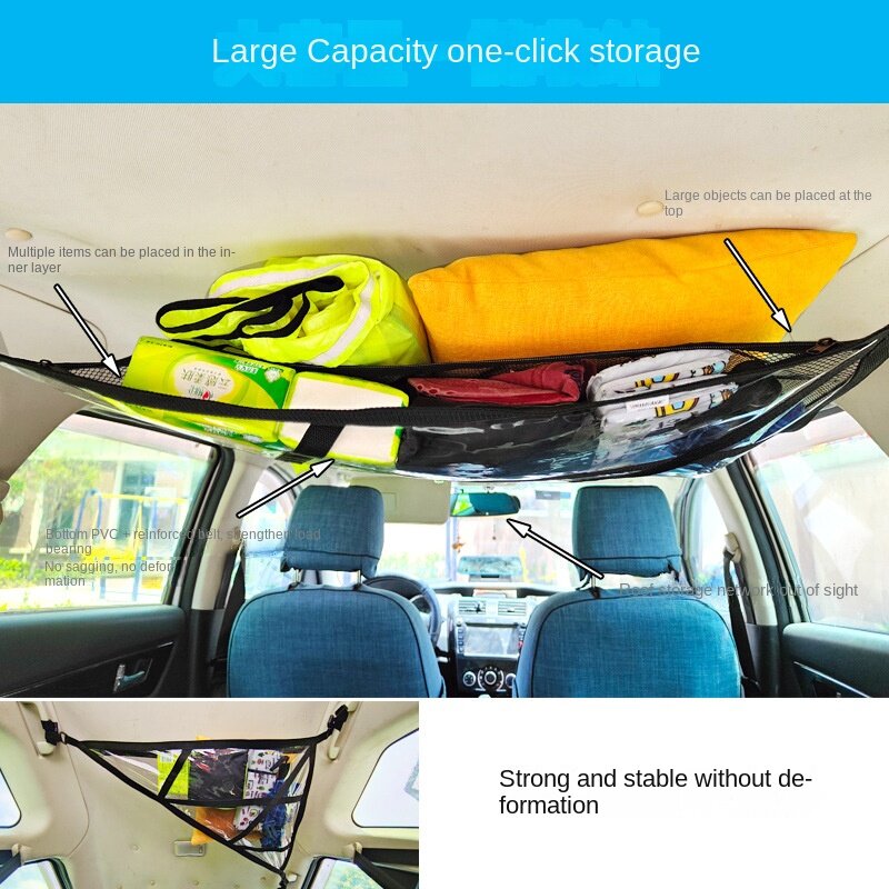 Upgrade Car Ceiling Cargo Net Pocket, Car Roof Storage Organizer,Truck SUV Travel Long Road Trip Camping For 3-handle models