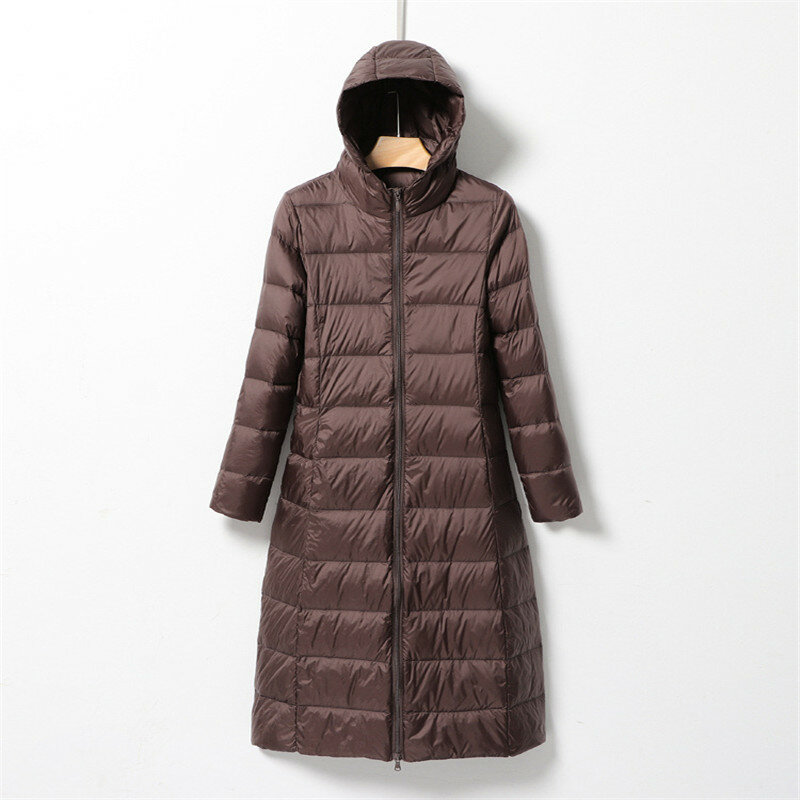 Abrigo de plumón de pato para mujer, parka ligera, larga con capucha, prendas de vestir exteriores, otoño e invierno, novedad de 2023