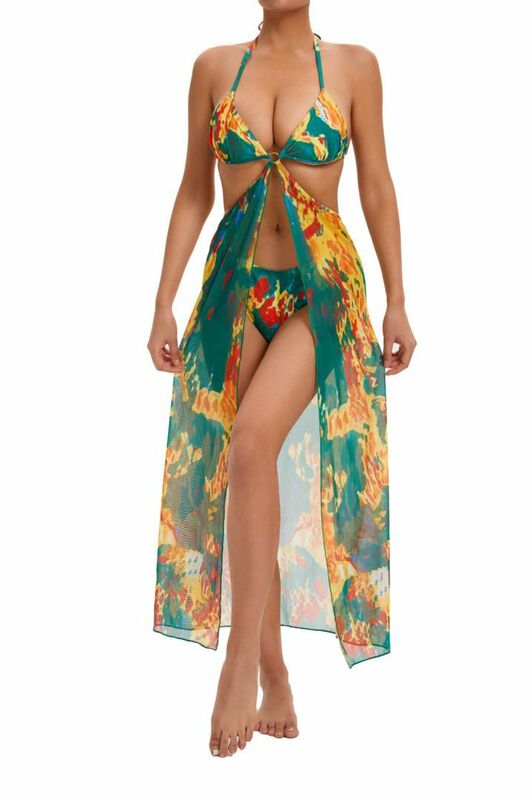 Women Two Piece Print Micro Bikini with Mesh Long Dress Cover Ups Swimsuit Female Swimwear Vintage Beach Wear Bathing Suits