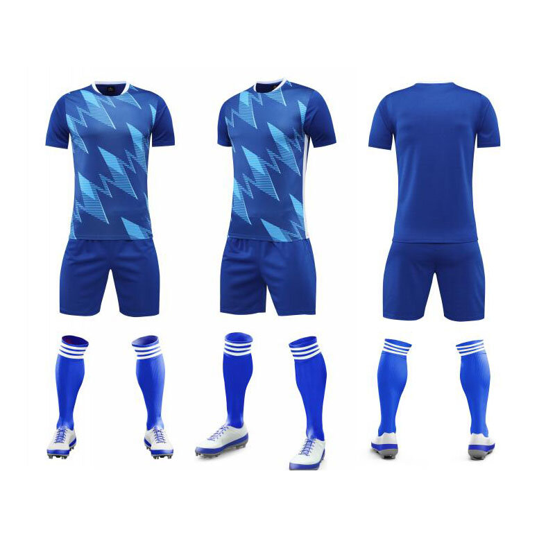 Ropa de fútbol de marca de verano, camiseta de manga corta personalizada, conjunto de pantalones cortos, modelo 2207, azul, rojo y blanco, 23-24