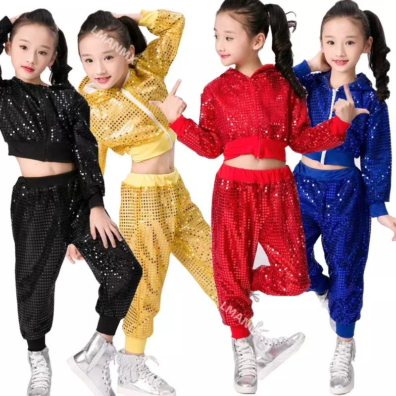 Disfraz de baile de Jazz con lentejuelas para niño y niña, traje moderno de animadora, Hip Hop, Top corto y pantalón, ropa de actuación