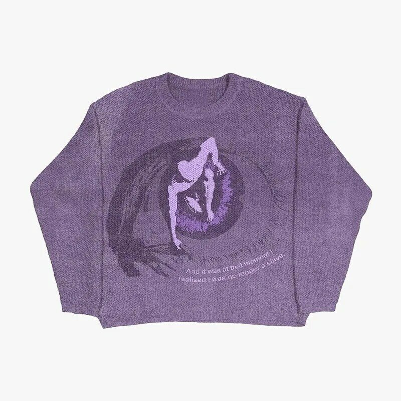 Y2k Knitted Sweater Eye Graphic Mens Women Cotton Sweaters Top Vintage Loose Purple Pullovers Casual Harajuku Autumn Knitwear