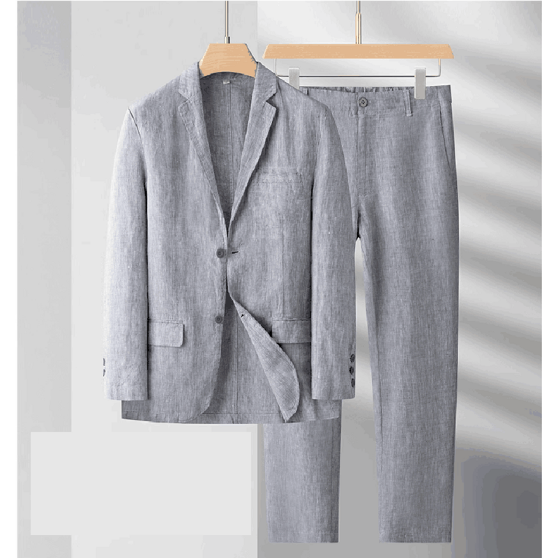 Костюм мужской летний из 2 предметов, Тонкий льняной пиджак с отложным воротником с вырезом, приталенный силуэт, повседневный шикарный пиджак и брюки для путешествий, 2023