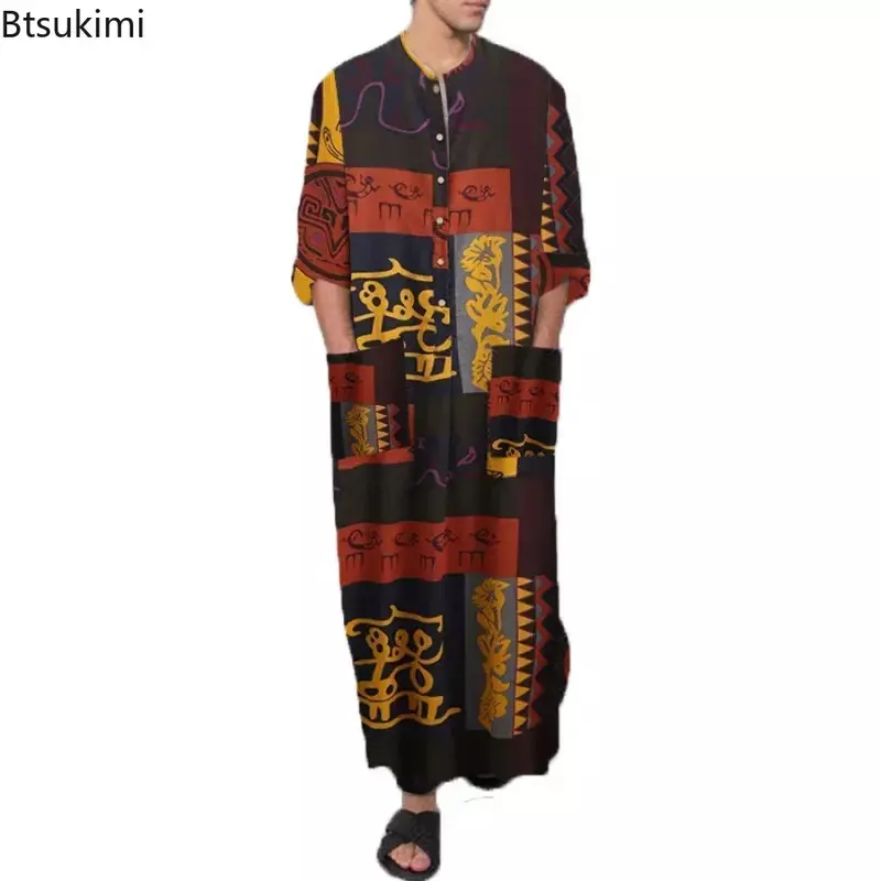 Chemise de nuit pour hommes Robes Chemise à rayures arabes Vêtements ethniques Manches longues Kimono rétro Maison Jupe Coton Peignoir Lingerie S-5XL