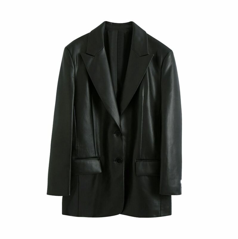 Blazer kulit imitasi wanita panjang, mantel kulit wanita, jaket Luaran PU panjang, mantel kulit wanita