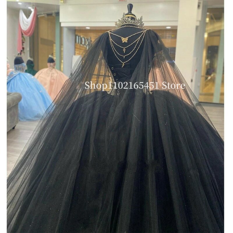 Vestidos de princesa preta Quinceanera com capa embrulhada, espartilho com cordões de lantejoulas dourado, 15 vestidos de baile doce, 2023