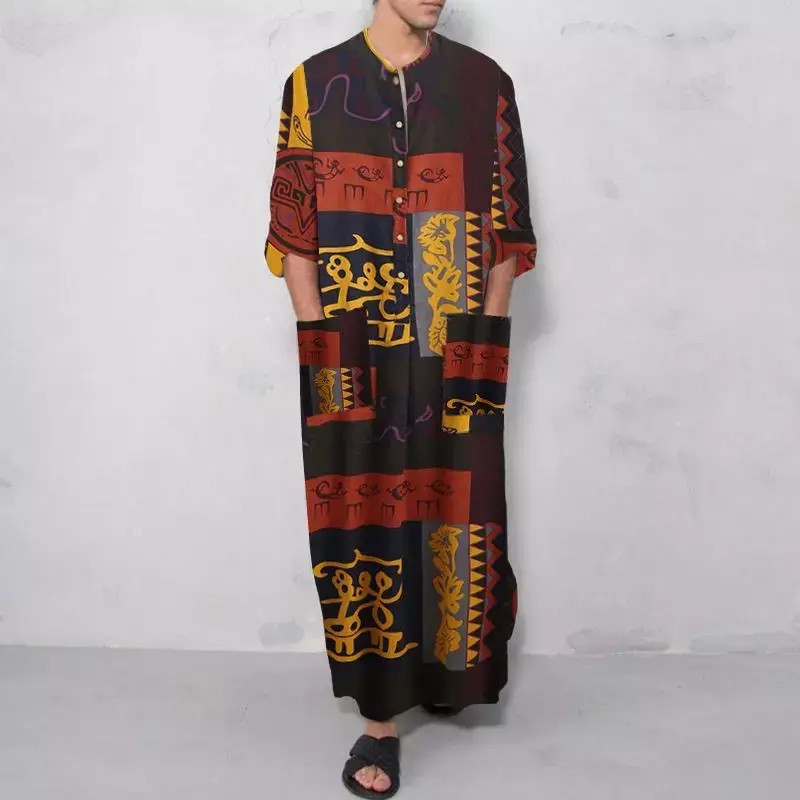 Мужской хлопковый Халат в полоску, мусульманский костюм в стиле ретро, с длинными рукавами, в стиле исламского арабского кафтана, для Ближнего Востока, Дубая, 2024